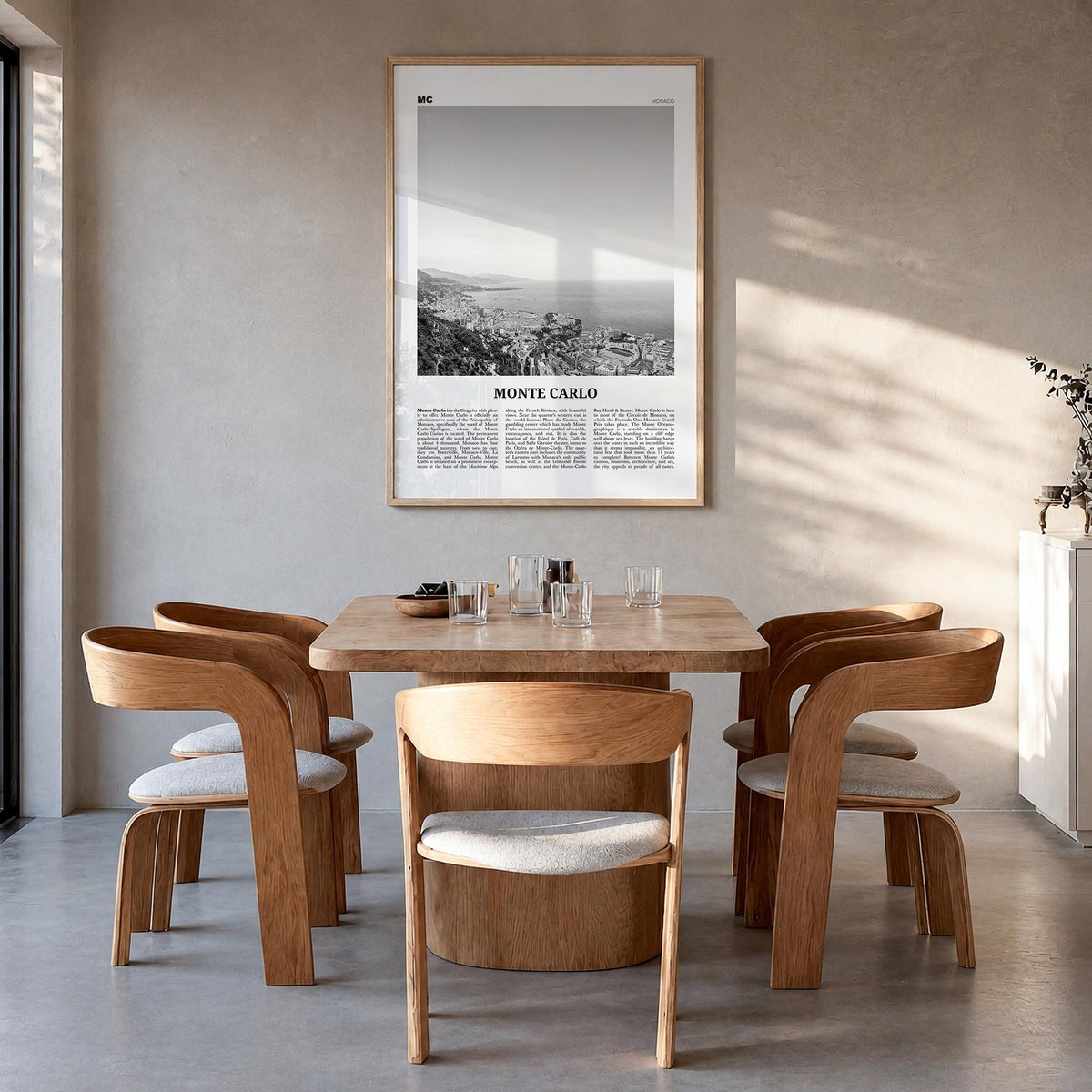Monte Carlo black & white newspaper poster of Monaco – vertical wall art in natural wood frame, hanging on wall
