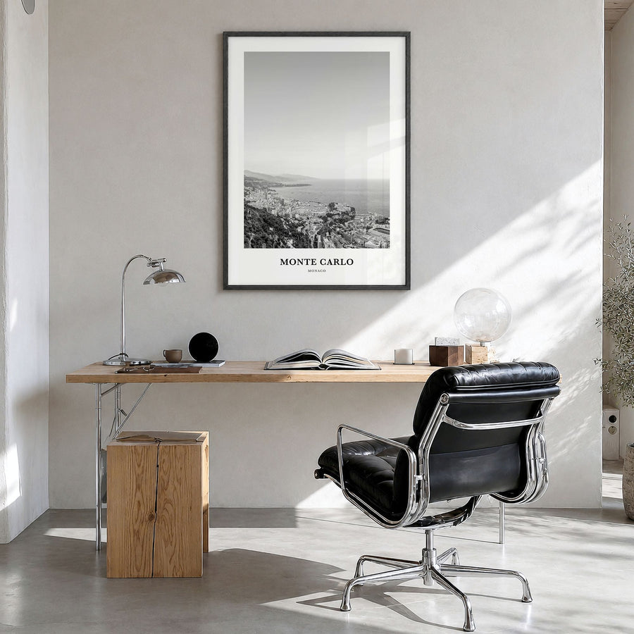 Monte Carlo Classic Poster in a black wood frame, hanging in a bright home office