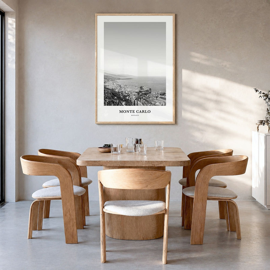 Monte Carlo Classic Poster in a natural wood frame, hanging in a dining room