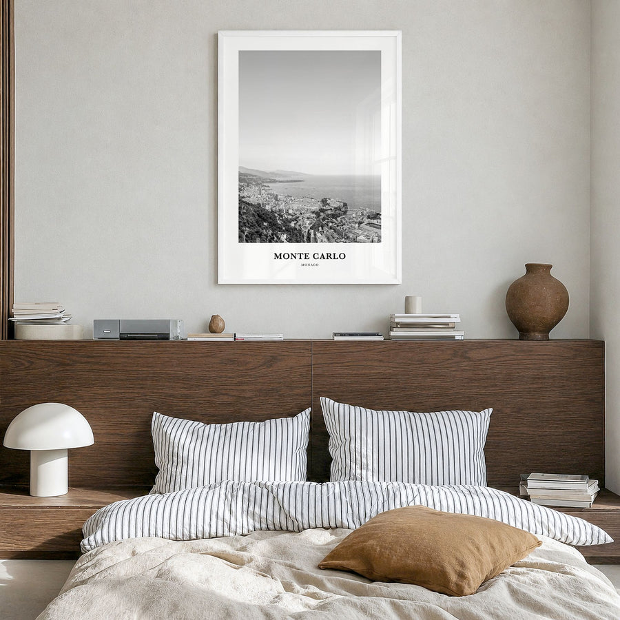 Monte Carlo Classic Poster in a white wood frame, hanging in a bedroom
