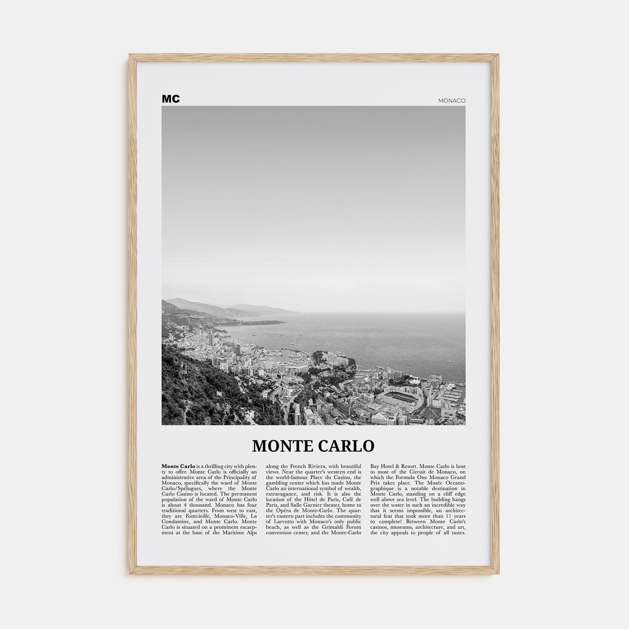 Monte Carlo Poster Natural Wood / 8x12 in Nbourhood Travel B&W Poster