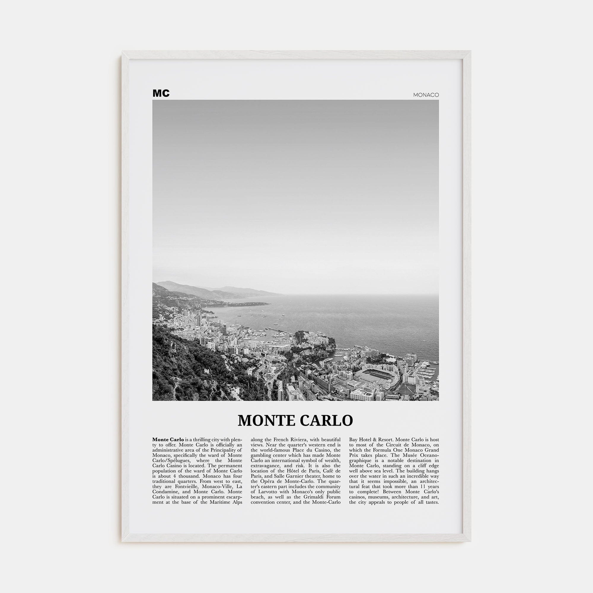 Monte Carlo Poster White Wood / 8x12 in Nbourhood Travel B&W Poster