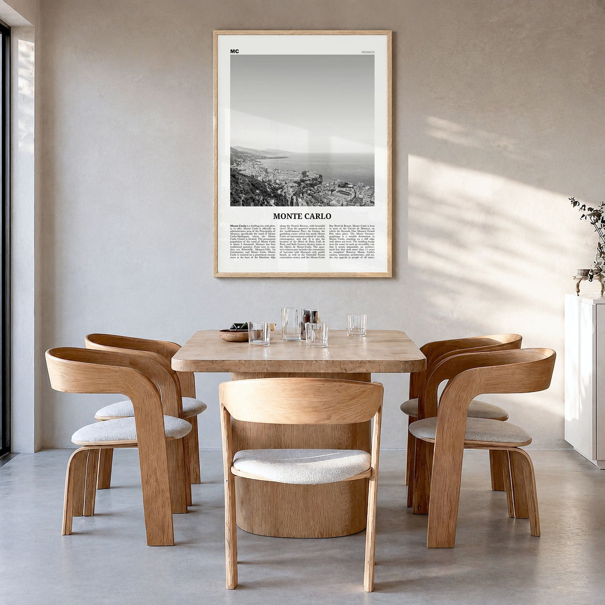 Monte Carlo Newspaper Poster in a natural wood frame, hanging in a dining room