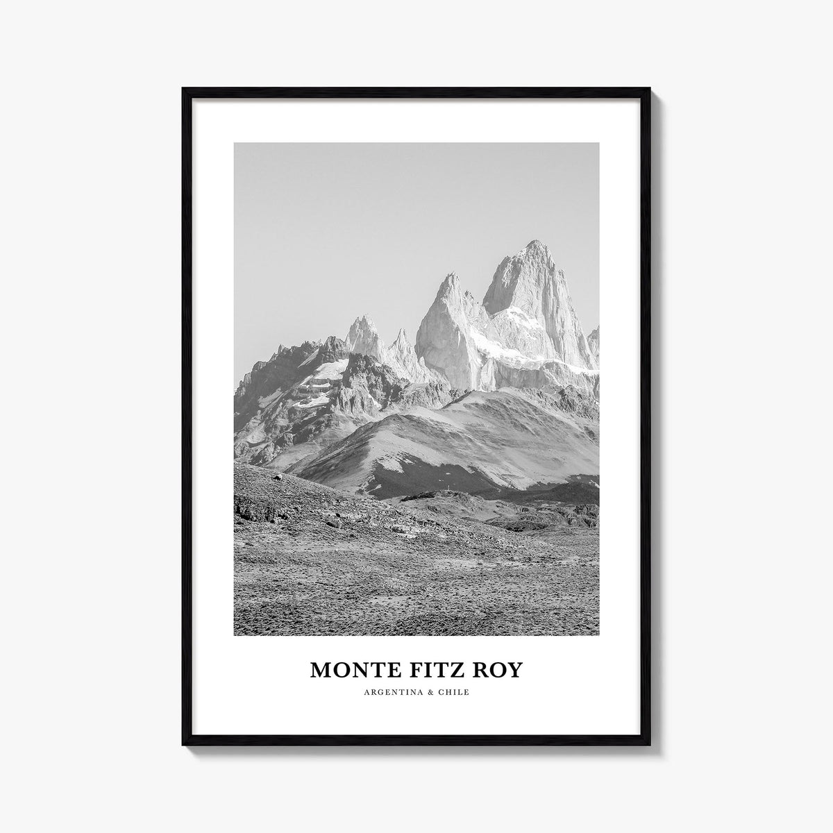 Monte Fitz Roy black & white classic poster of Argentina & Chile – vertical wall art, unframed print shown in interior mockup