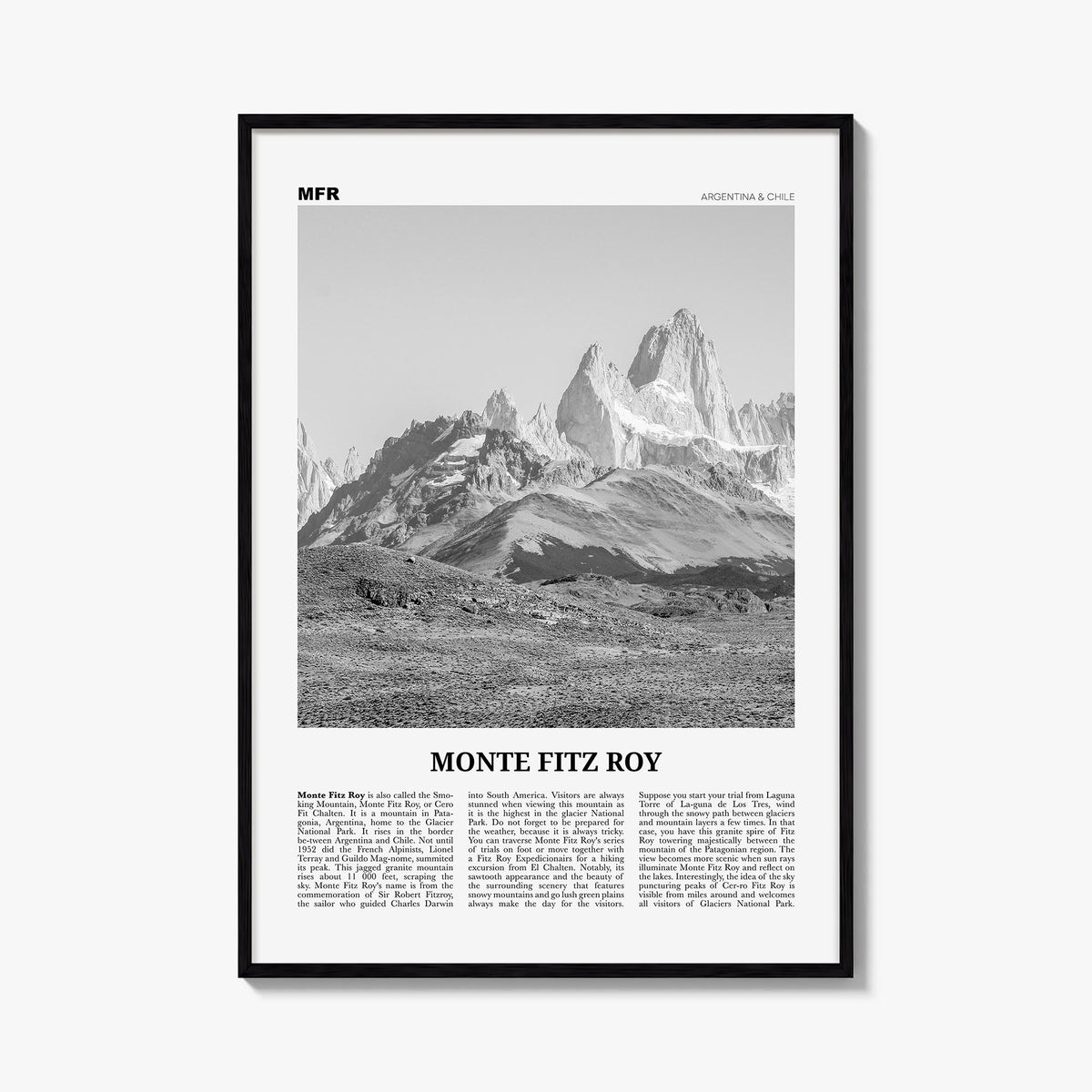 Monte Fitz Roy black & white newspaper poster of Argentina & Chile – vertical wall art, unframed print shown in interior mock