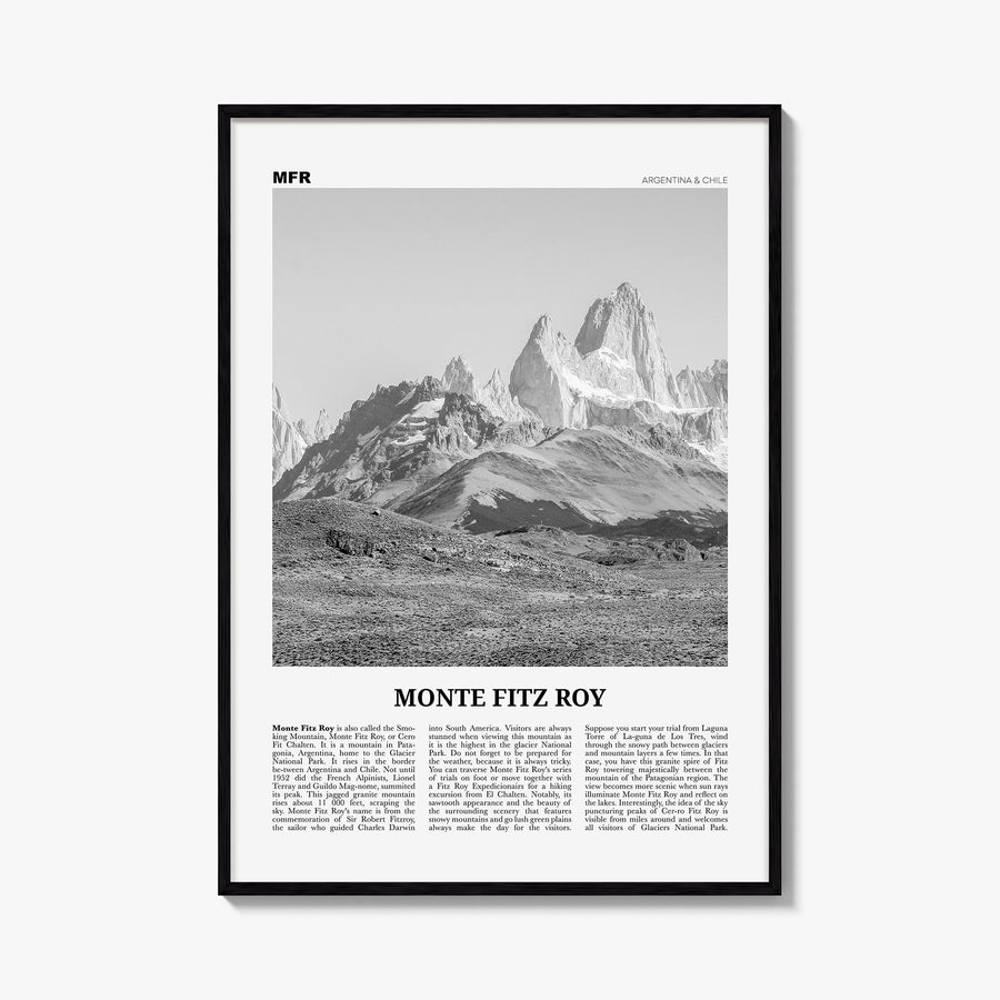 Monte Fitz Roy black & white newspaper poster of Argentina & Chile – vertical wall art, unframed print shown in interior mock