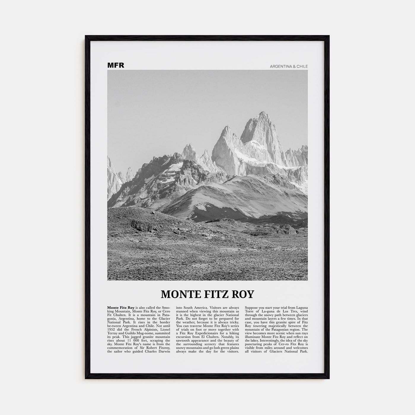 Monte Fitz Roy Poster Black Wood / 8x12 in Nbourhood Travel B&W Poster