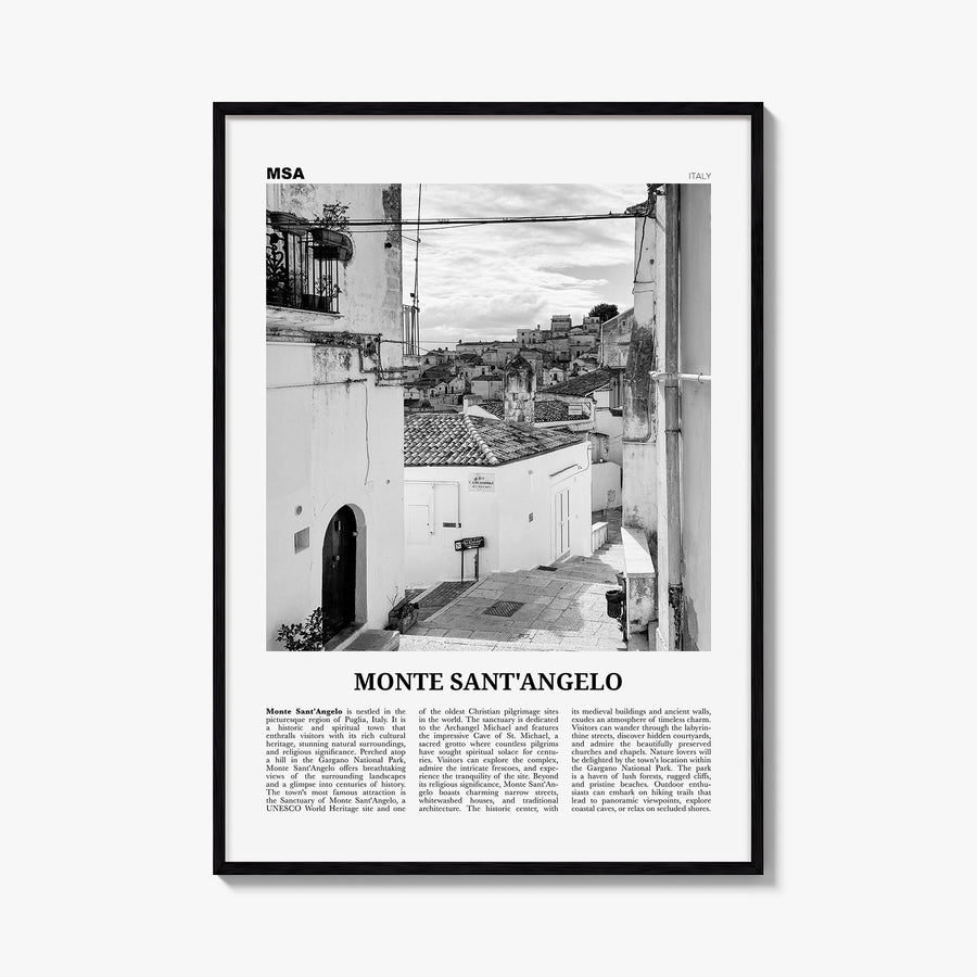 Monte Sant'Angelo black & white newspaper poster of Italy – vertical wall art, unframed print shown in interior mockup