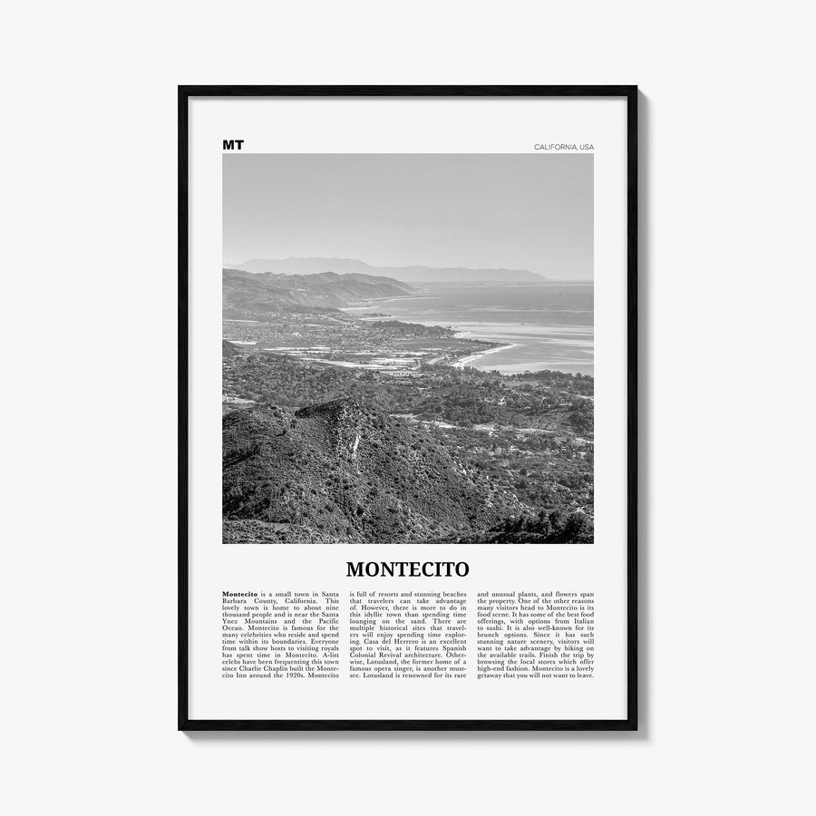 Montecito black & white newspaper poster of California, USA – vertical wall art, unframed print shown in interior mockup