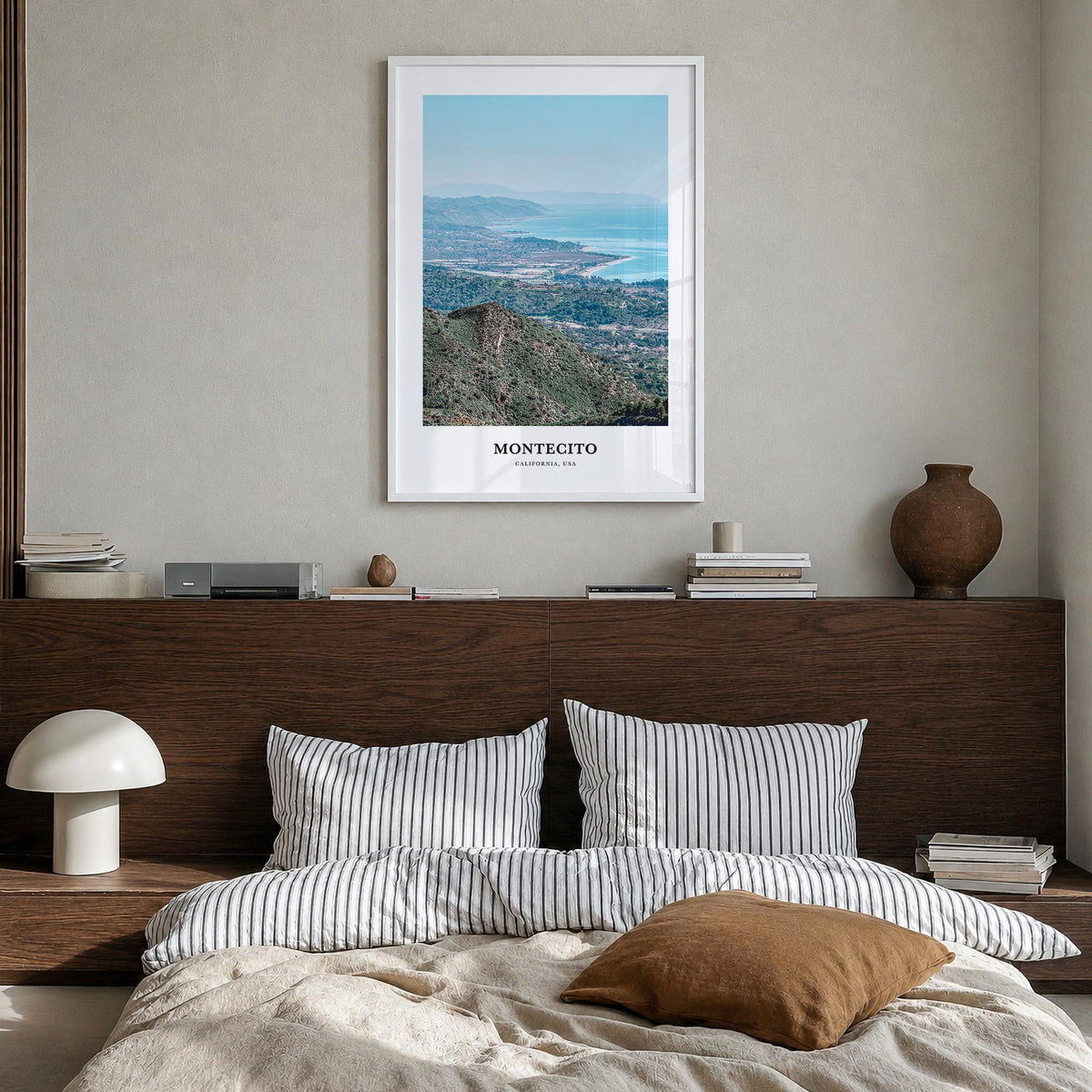 Montecito colorful classic poster of California, USA – vertical wall art in white wood frame, hanging on wall