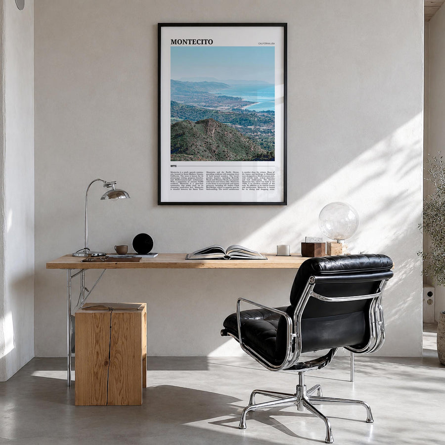 Montecito colorful travel poster of California, USA – vertical wall art in black wood frame, hanging on wall