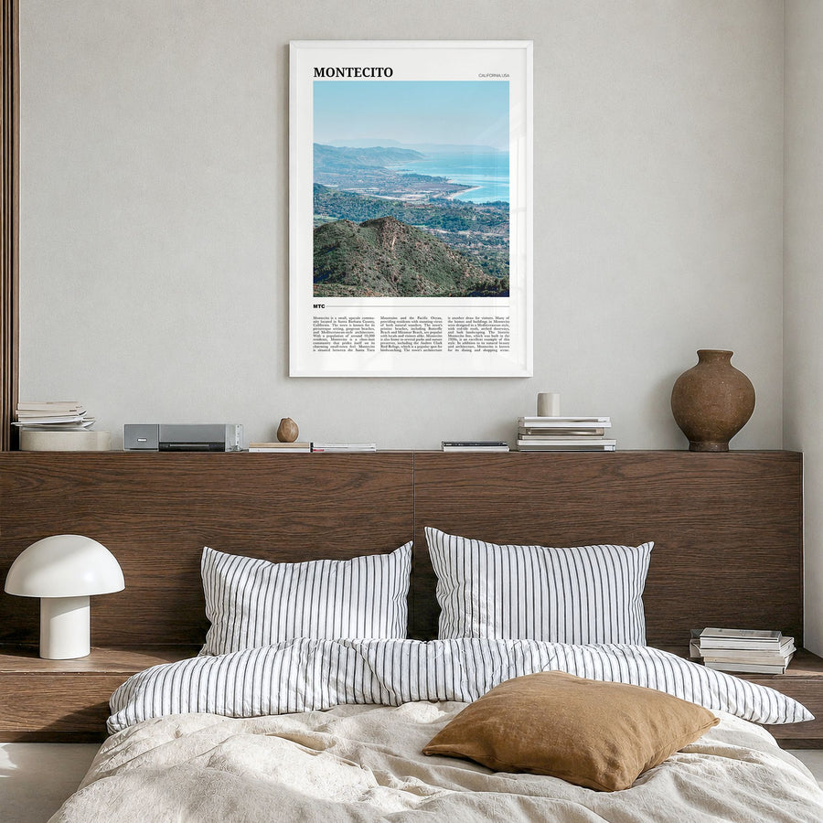 Montecito Travel Poster in a white wood frame, hanging in a bedroom