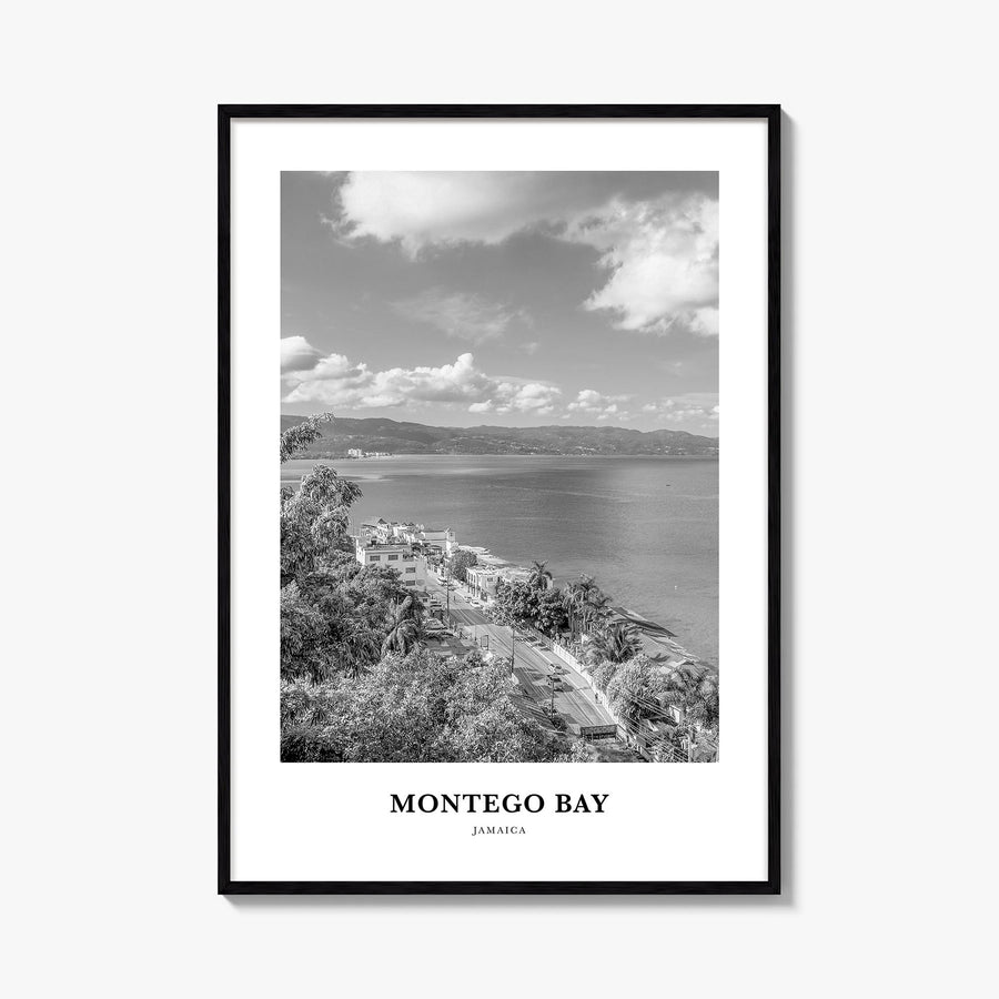 Montego Bay black & white classic poster of Jamaica – vertical wall art, unframed print shown in interior mockup