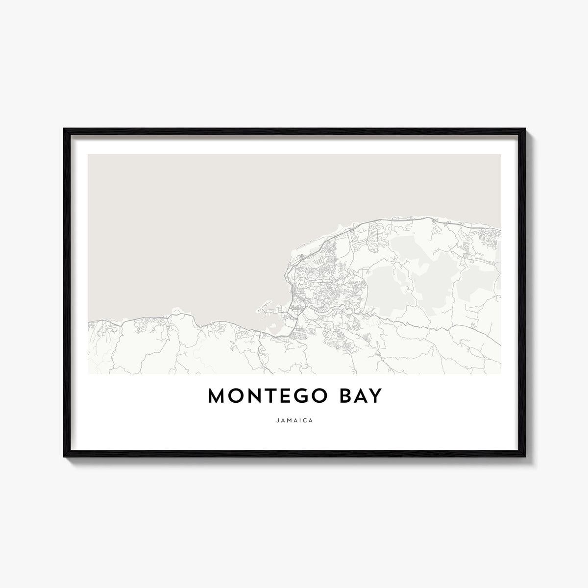 Montego Bay black & white map poster of Jamaica – horizontal wall art, unframed print shown in interior mockup