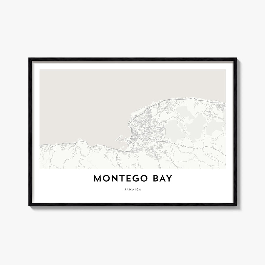 Montego Bay black & white map poster of Jamaica – horizontal wall art, unframed print shown in interior mockup