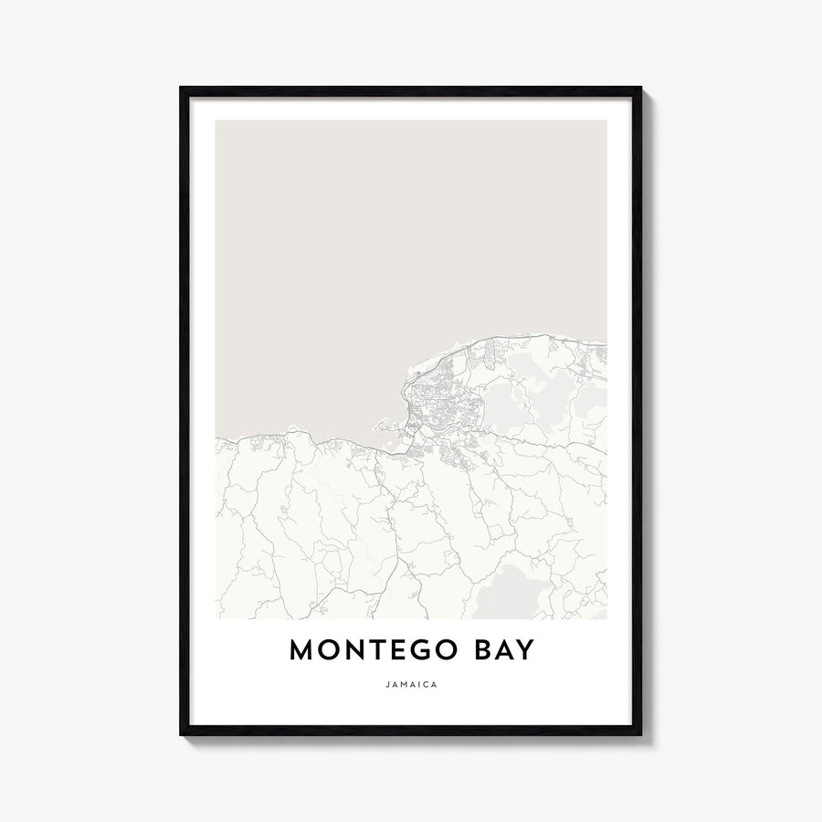 Montego Bay black & white map poster of Jamaica – vertical wall art, unframed print shown in interior mockup