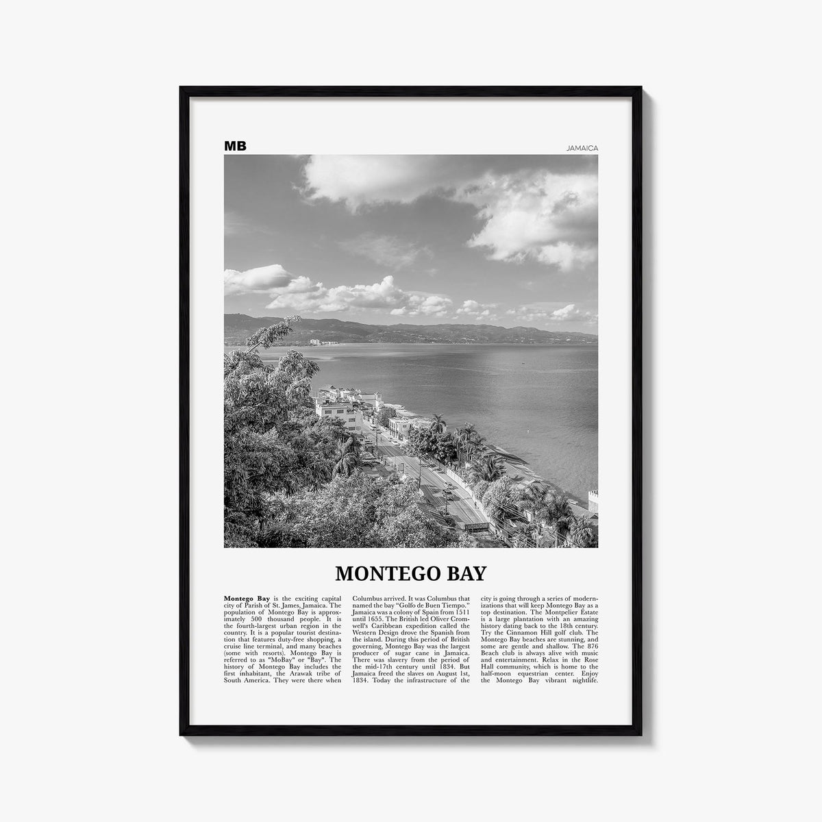 Montego Bay black & white newspaper poster of Jamaica – vertical wall art, unframed print shown in interior mockup
