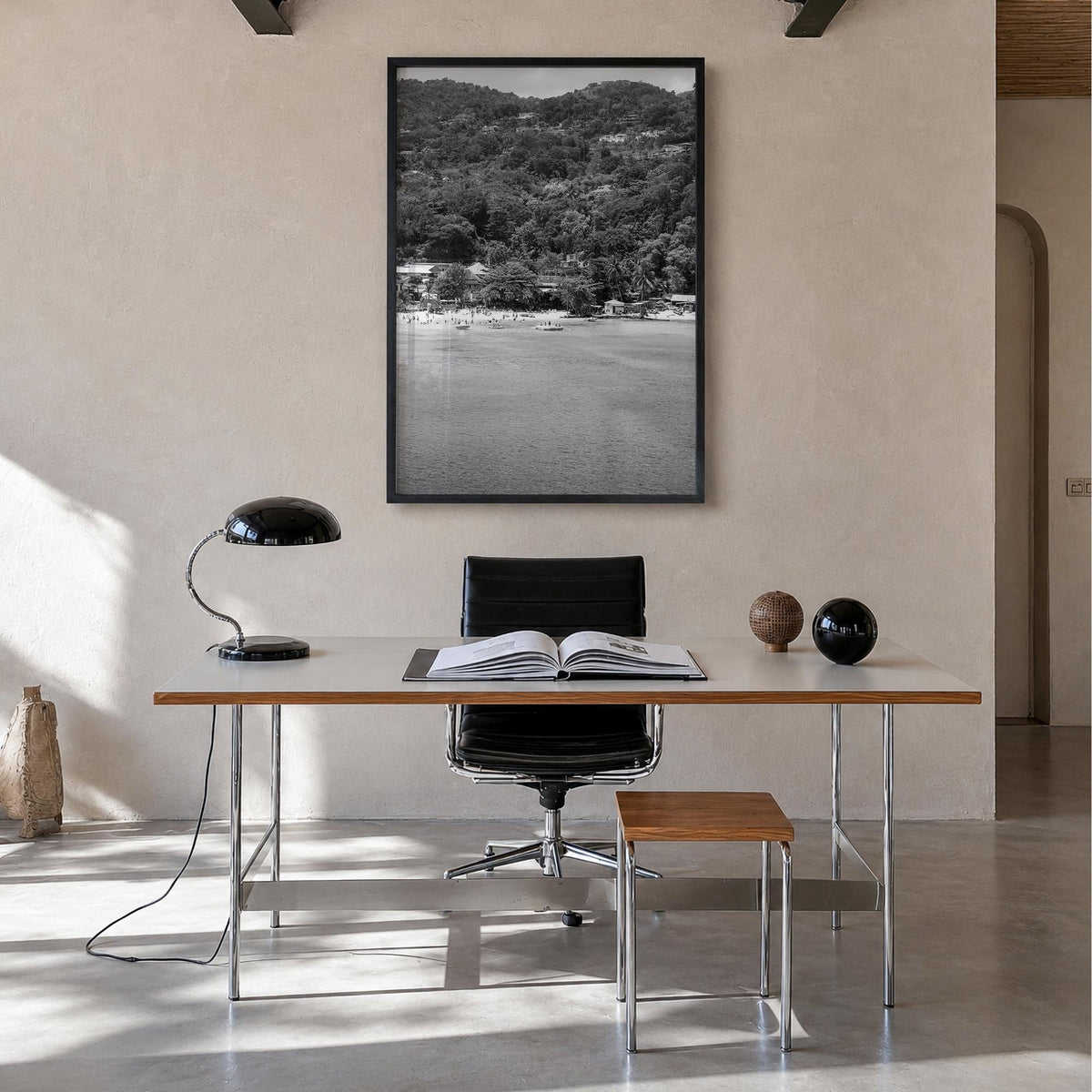 Montego Bay black & white photo poster of Jamaica – vertical wall art in black wood frame, hanging on wall