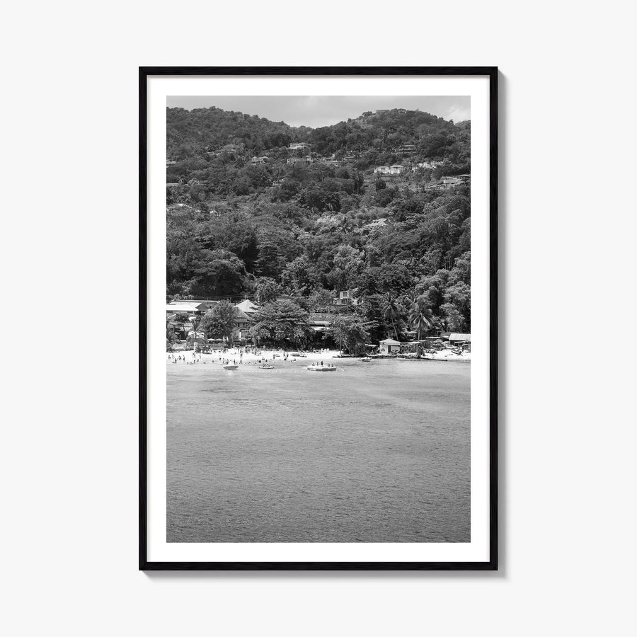 Montego Bay black & white photo poster of Jamaica – vertical wall art, unframed print shown in interior mockup