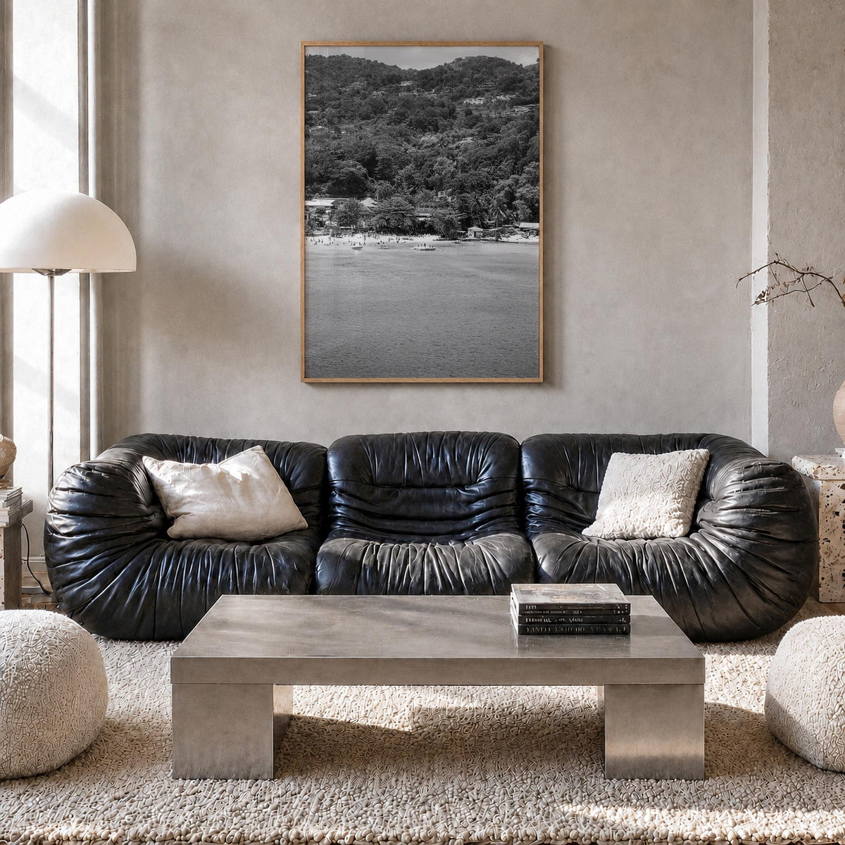 Montego Bay black & white photo poster of Jamaica – vertical wall art in natural wood frame, hanging on wall