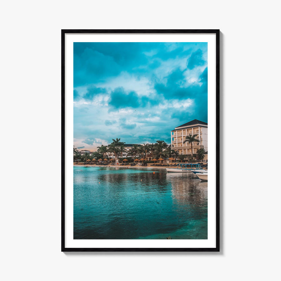Montego Bay colorful photo poster of Jamaica – vertical wall art, unframed print shown in interior mockup