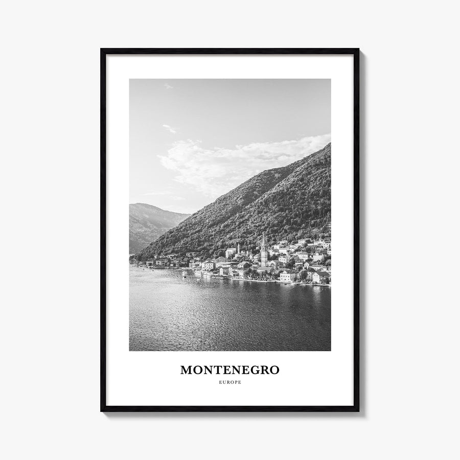 Montenegro black & white classic poster of Europe – vertical wall art, unframed print shown in interior mockup