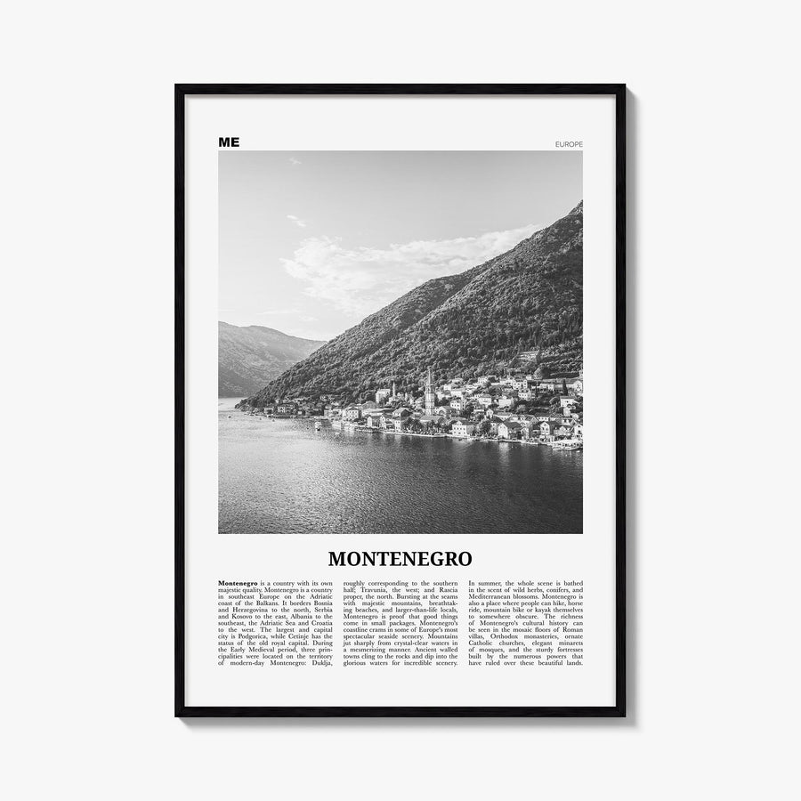 Montenegro black & white newspaper poster of Europe – vertical wall art, unframed print shown in interior mockup