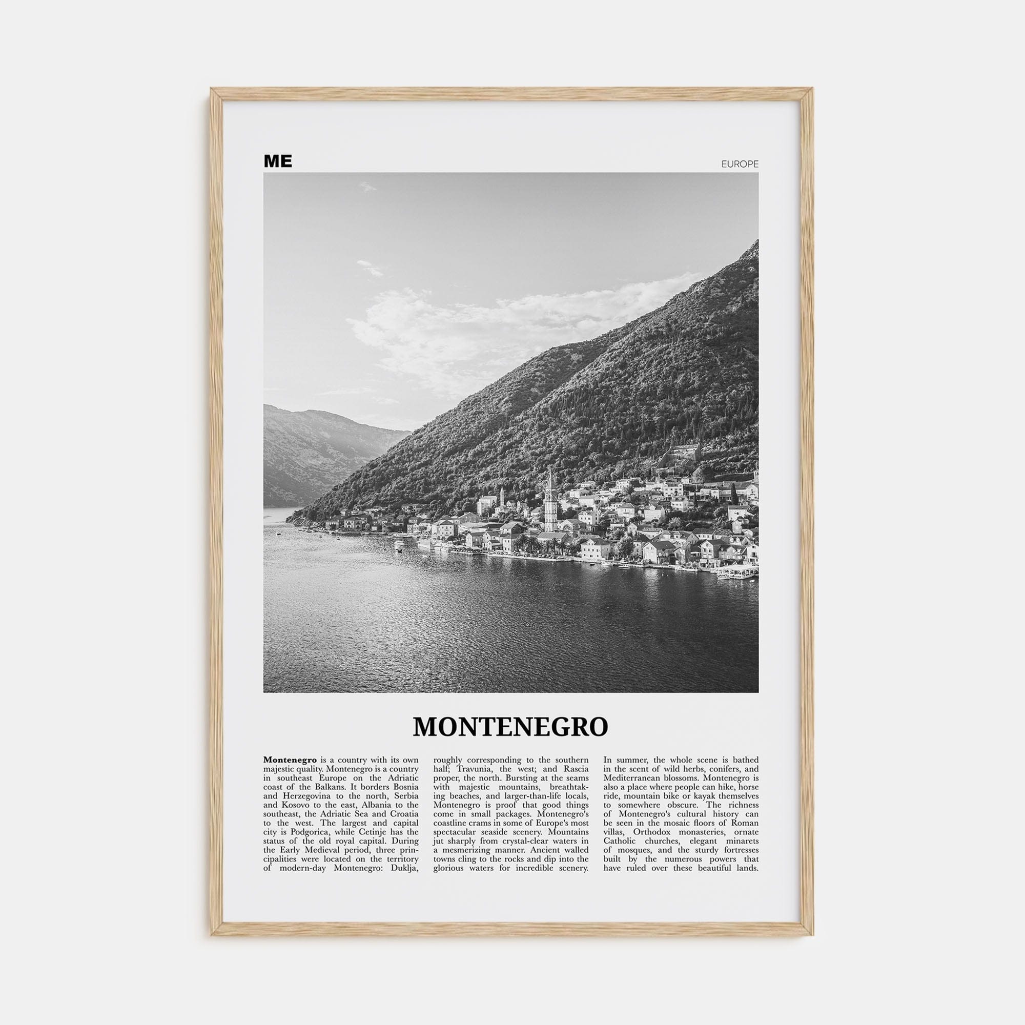 Montenegro Poster Natural Wood / 8x12 in Nbourhood Travel B&W Poster