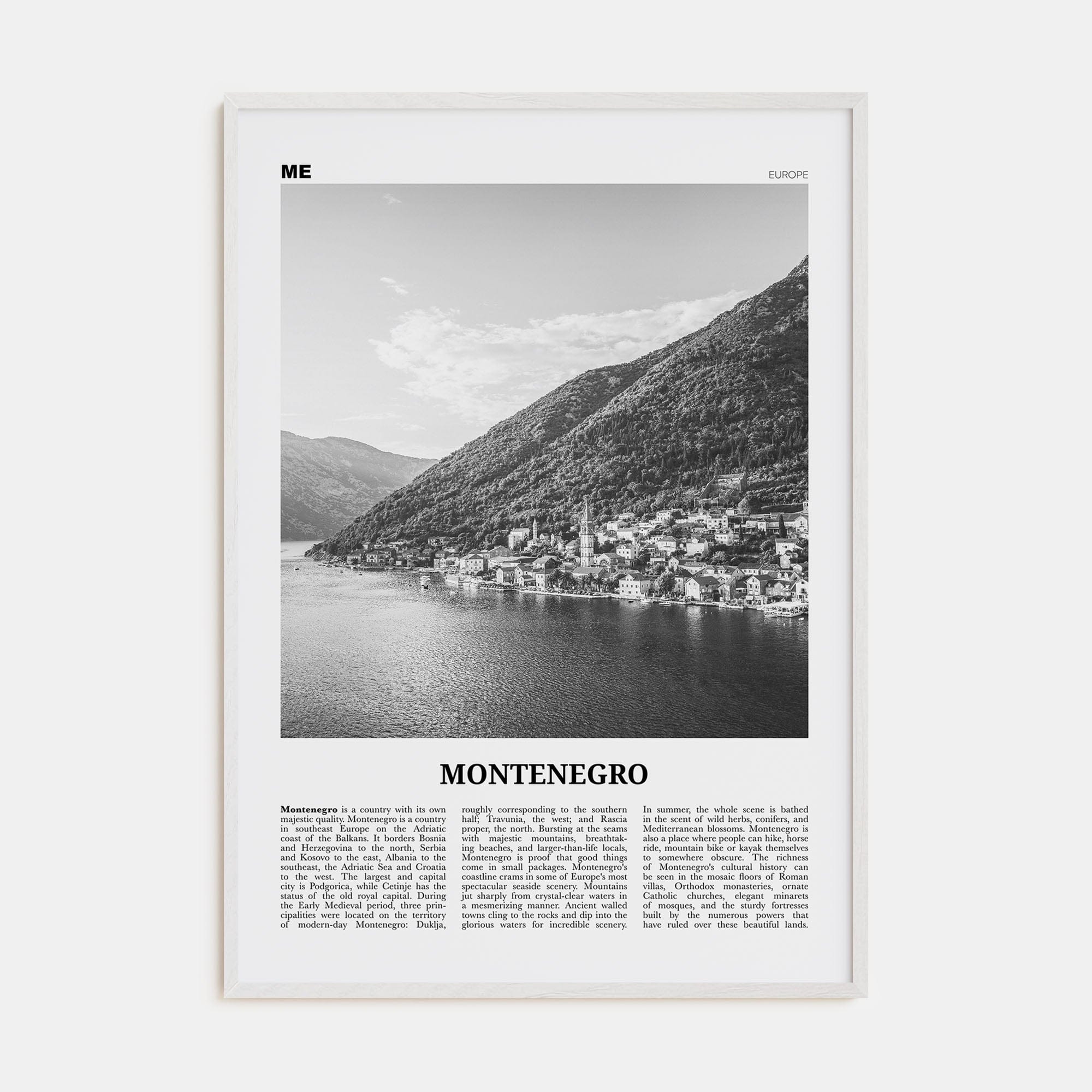 Montenegro Poster White Wood / 8x12 in Nbourhood Travel B&W Poster