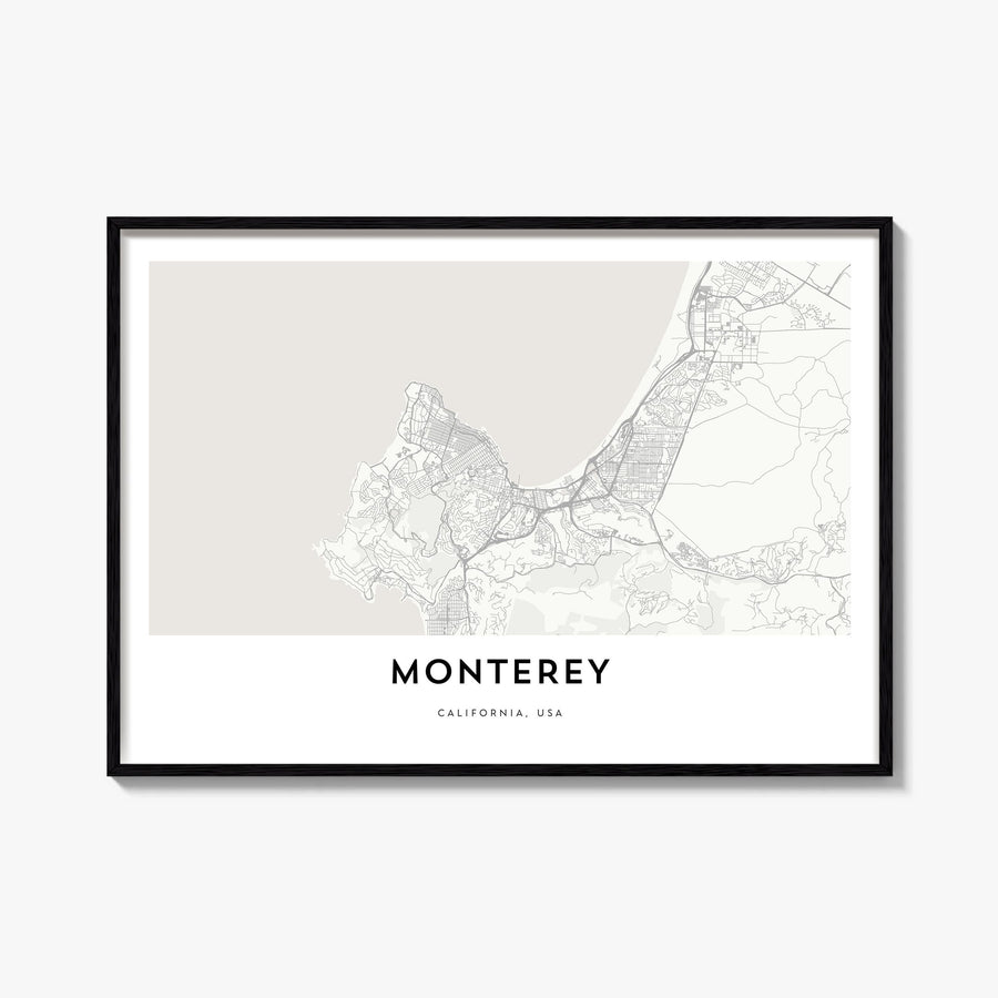 Monterey black & white map poster of California, USA – horizontal wall art, unframed print shown in interior mockup