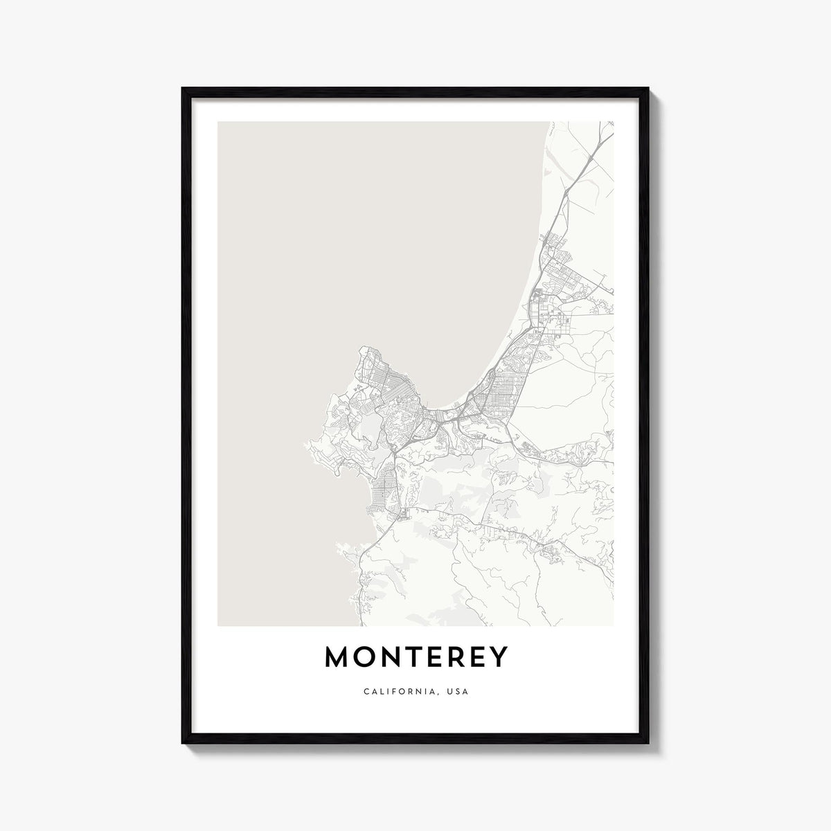Monterey black & white map poster of California, USA – vertical wall art, unframed print shown in interior mockup
