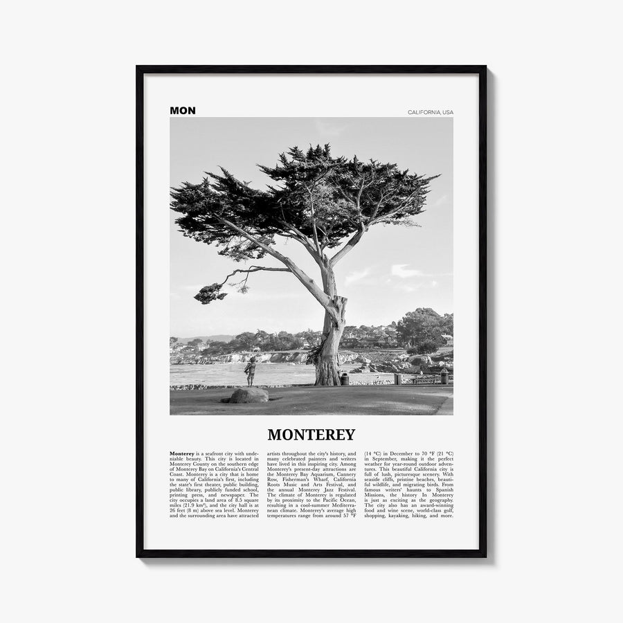 Monterey black & white newspaper poster of California, USA – vertical wall art, unframed print shown in interior mockup