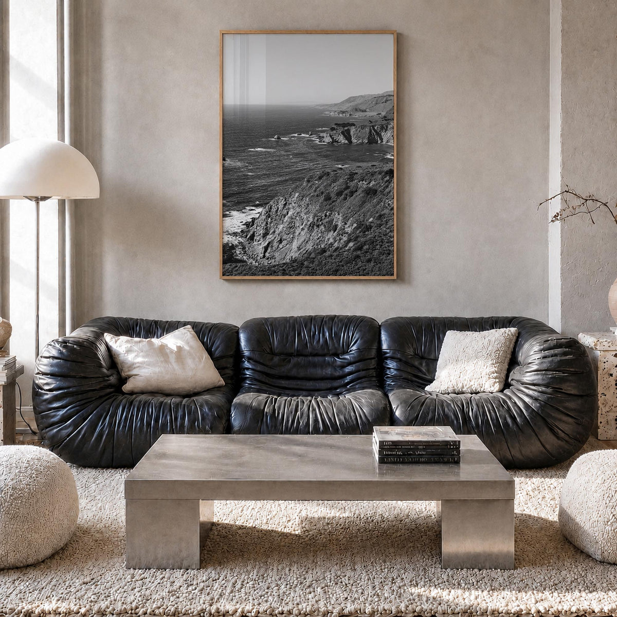 Monterey black & white photo poster of California, USA – vertical wall art in natural wood frame, hanging on wall