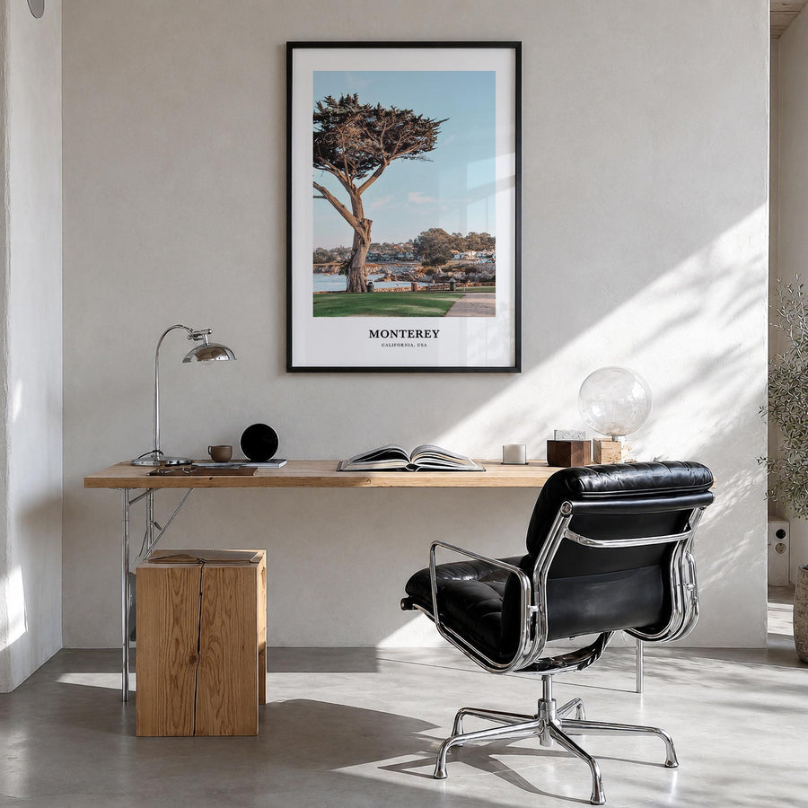Monterey colorful classic poster of California, USA – vertical wall art in black wood frame, hanging on wall