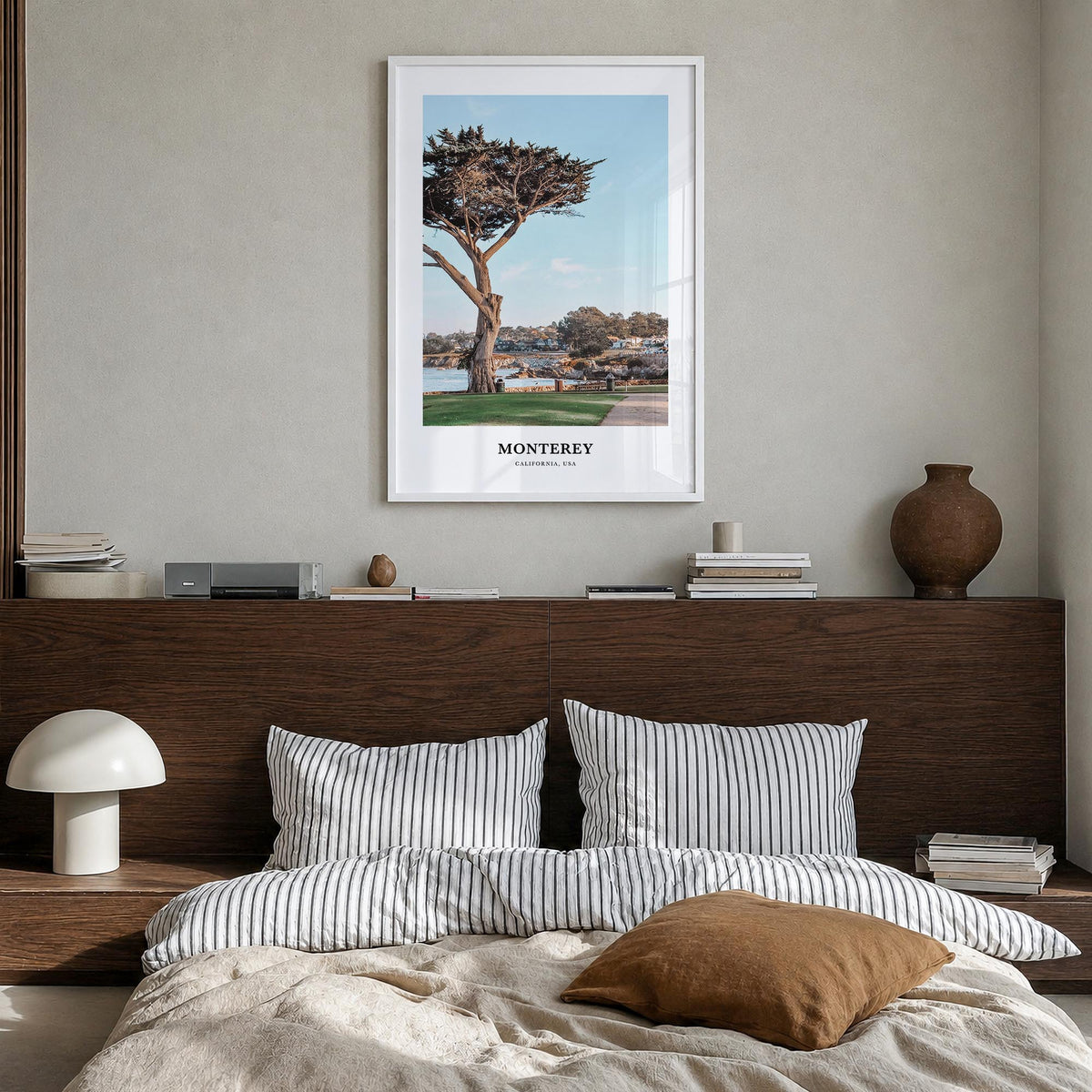 Monterey colorful classic poster of California, USA – vertical wall art in white wood frame, hanging on wall