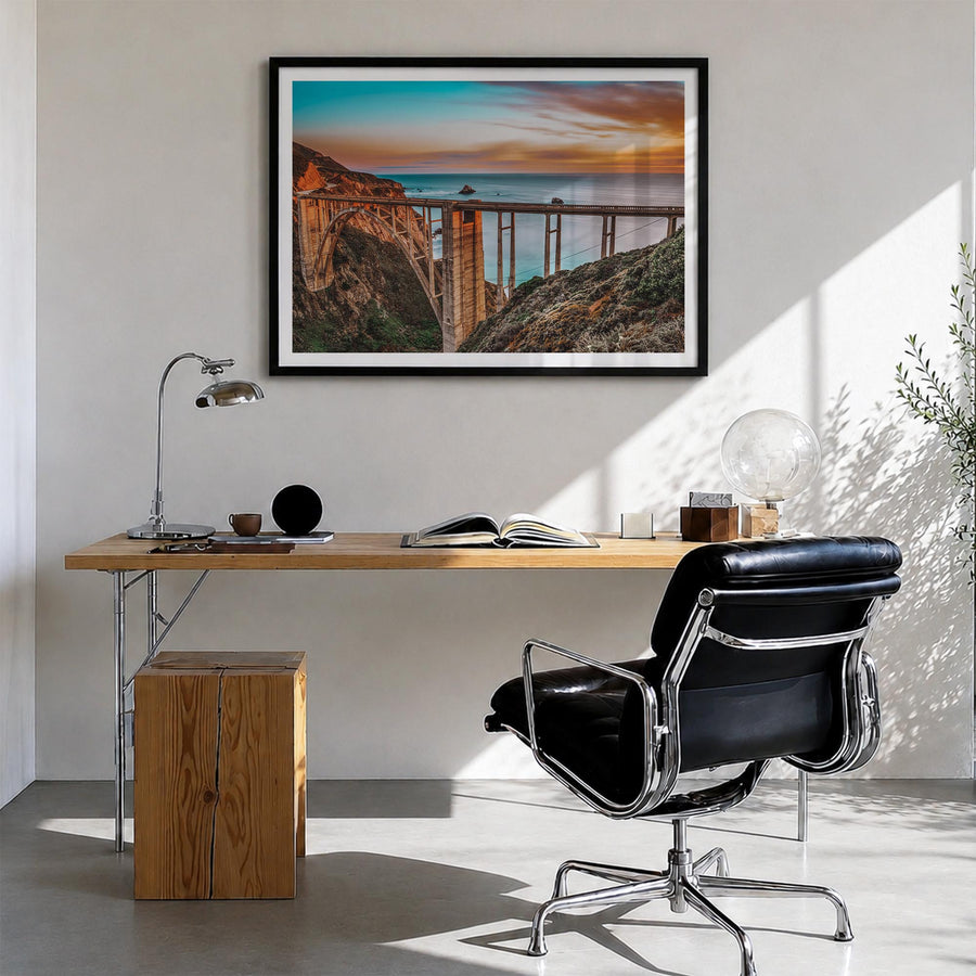 Monterey colorful photo poster of California, USA – horizontal wall art in black wood frame with white border, hanging on wal