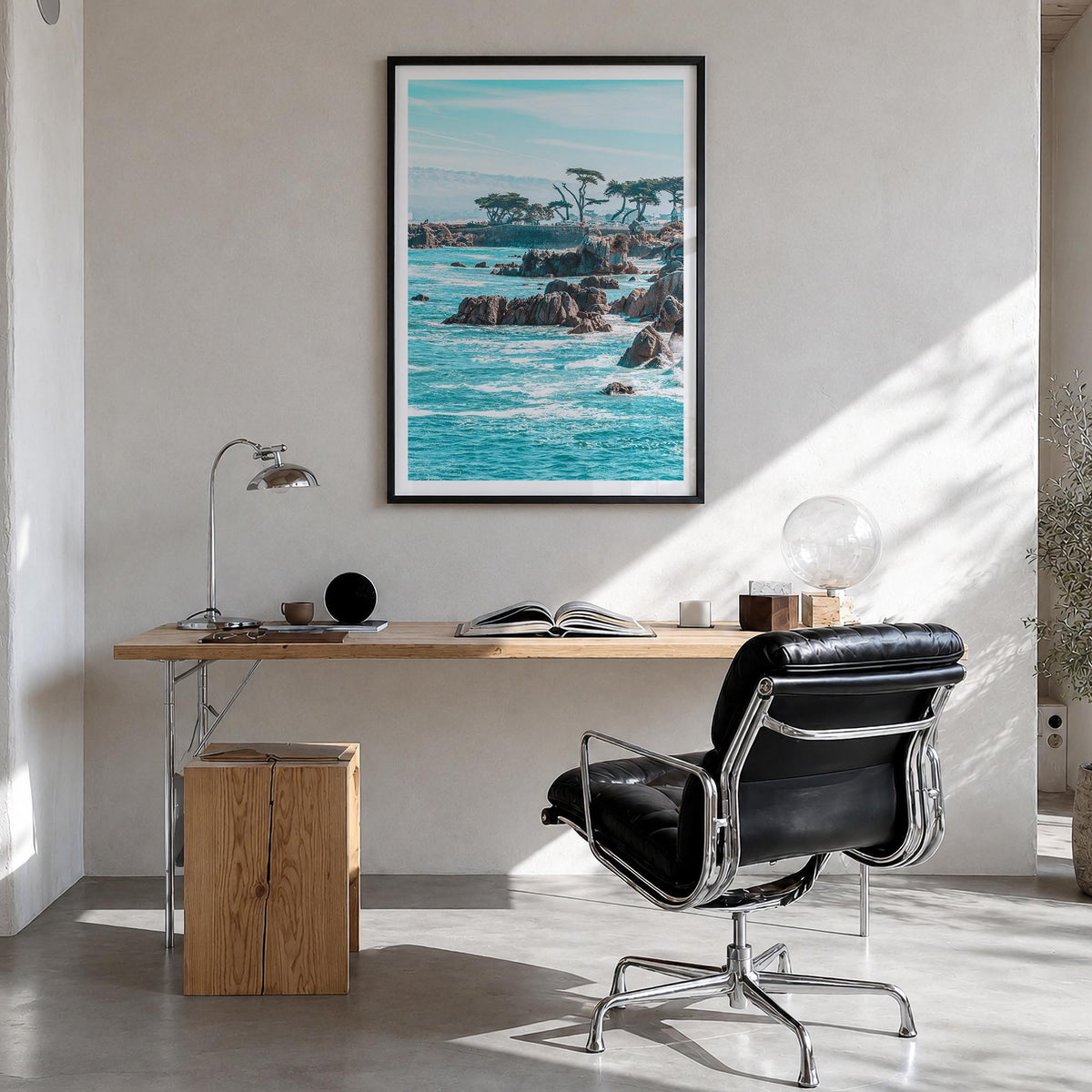 Monterey colorful photo poster of California, USA – vertical wall art in black wood frame with white border, hanging on wall