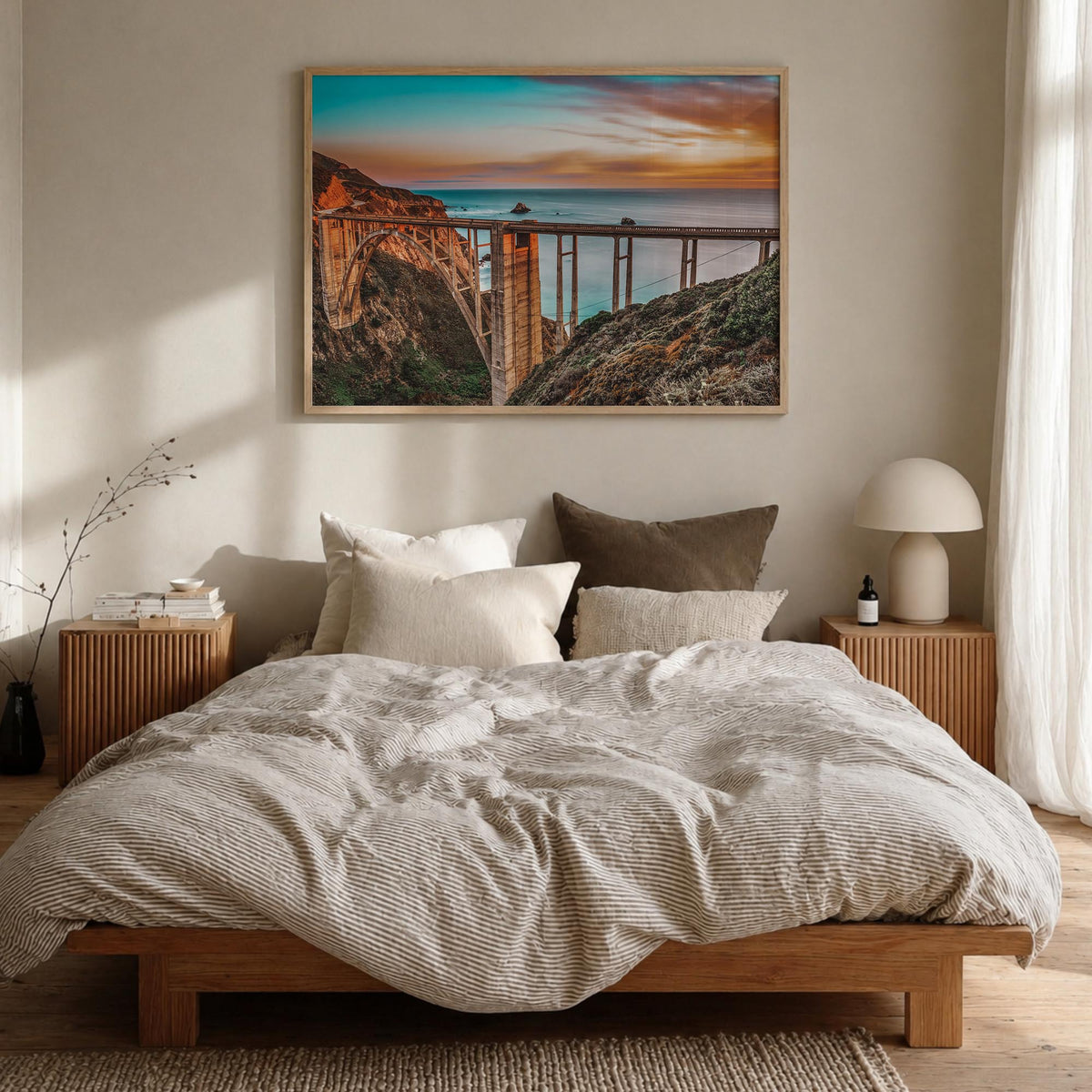 Monterey colorful photo poster of California, USA – horizontal wall art in natural wood frame, hanging on wall