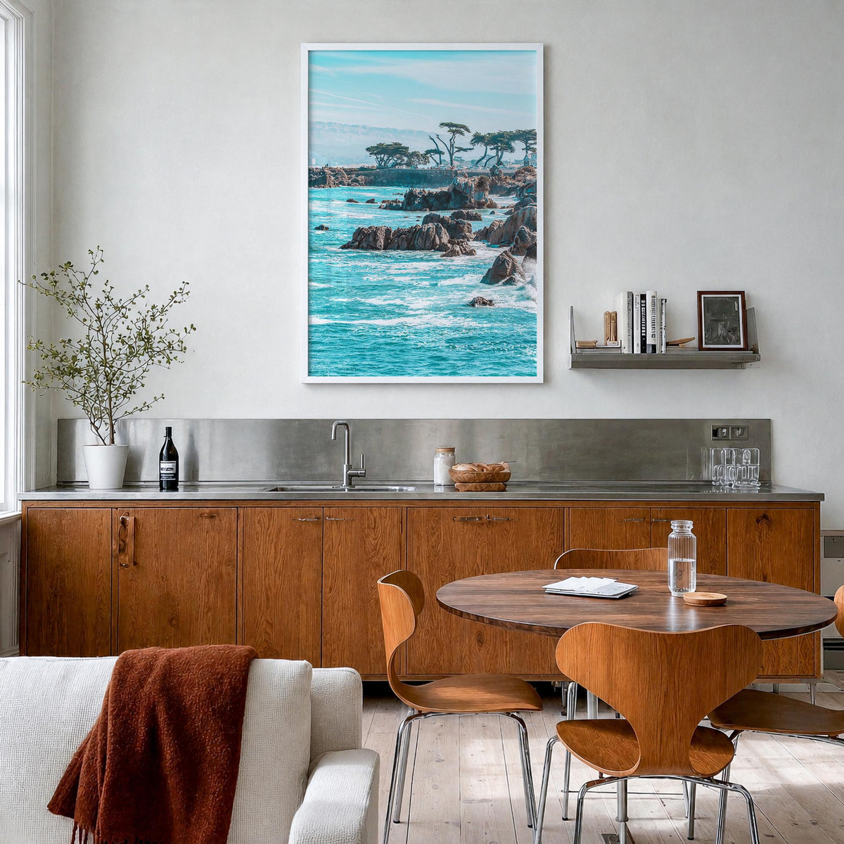 Monterey colorful photo poster of California, USA – vertical wall art in white wood frame, hanging on wall