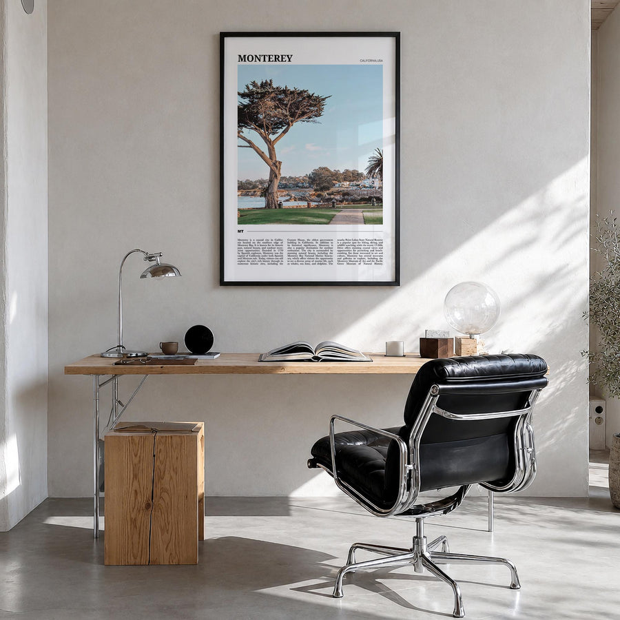 Monterey colorful travel poster of California, USA – vertical wall art in black wood frame, hanging on wall