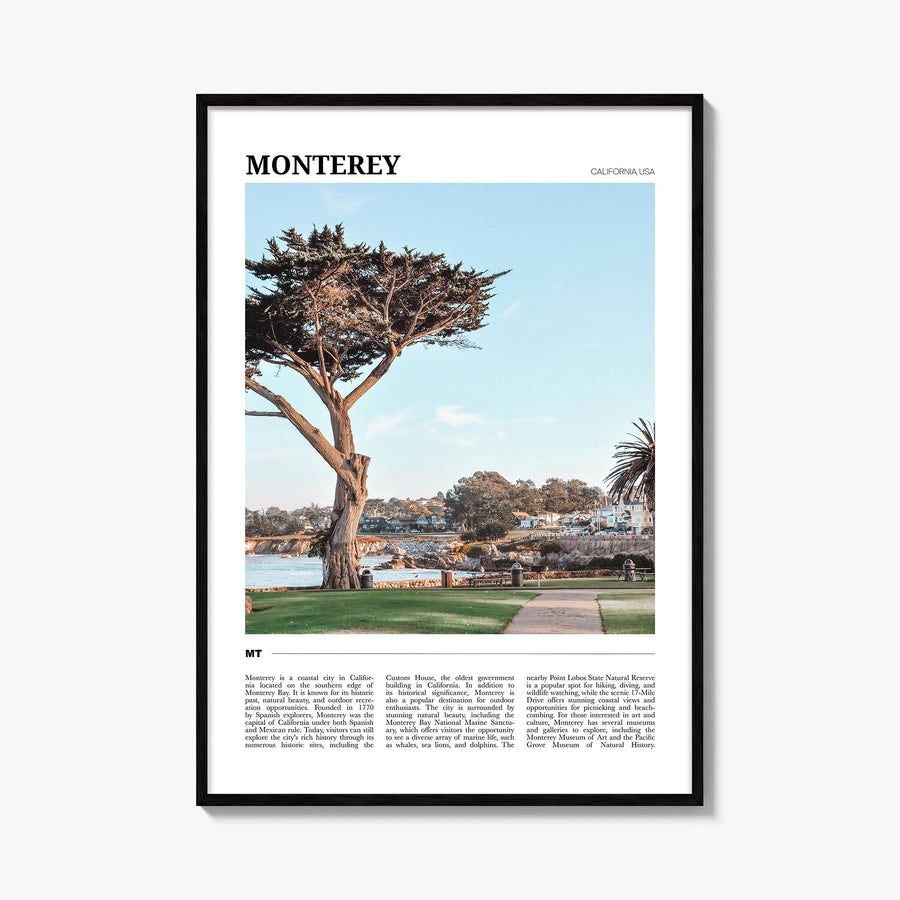 Monterey colorful travel poster of California, USA – vertical wall art, unframed print shown in interior mockup