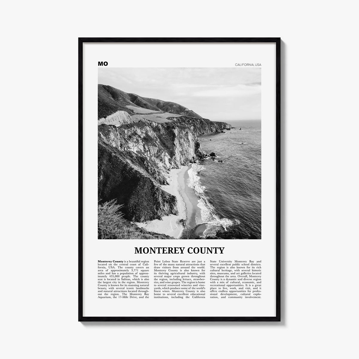 Monterey County black & white newspaper poster of California, USA – vertical wall art, unframed print shown in interior mocku