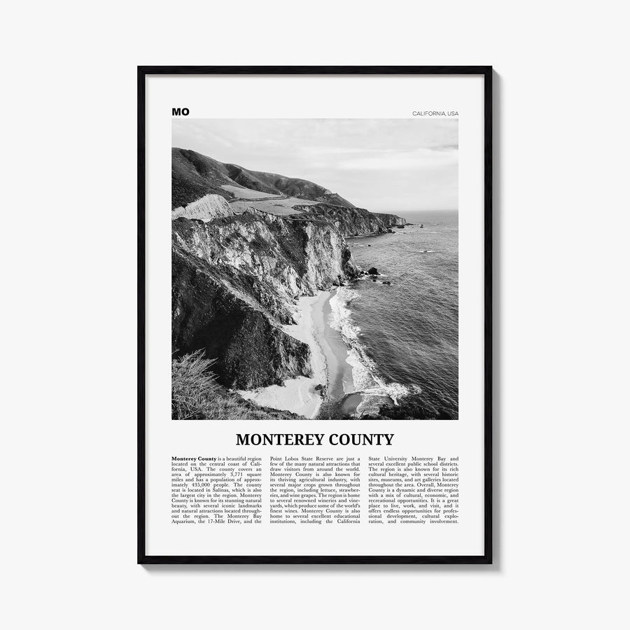 Monterey County black & white newspaper poster of California, USA – vertical wall art, unframed print shown in interior mocku