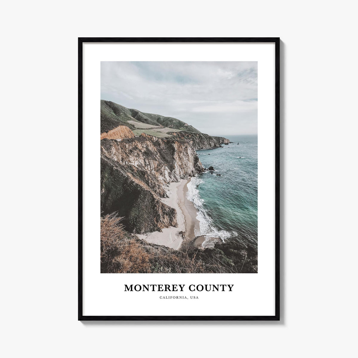 Monterey County colorful classic poster of California, USA – vertical wall art, unframed print shown in interior mockup