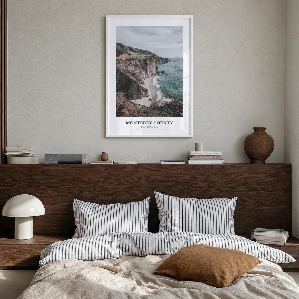 Monterey County colorful classic poster of California, USA – vertical wall art in white wood frame, hanging on wall