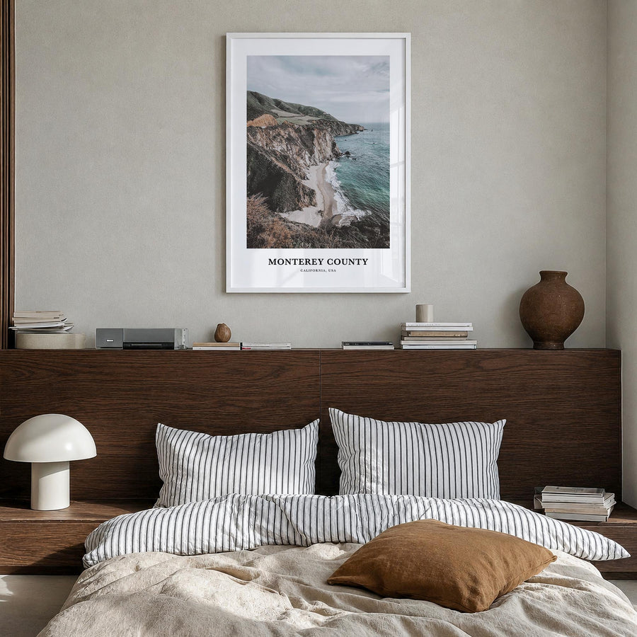 Monterey County colorful classic poster of California, USA – vertical wall art in white wood frame, hanging on wall