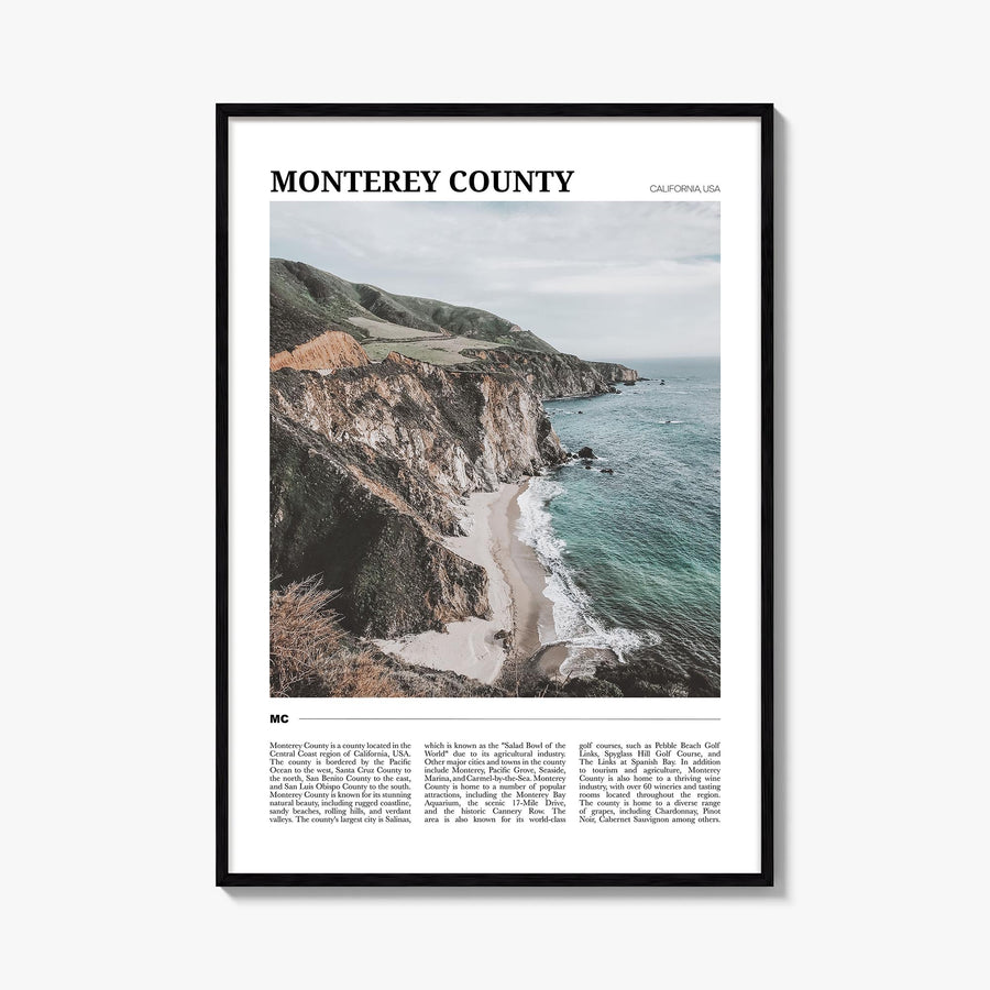 Monterey County colorful travel poster of California, USA – vertical wall art, unframed print shown in interior mockup