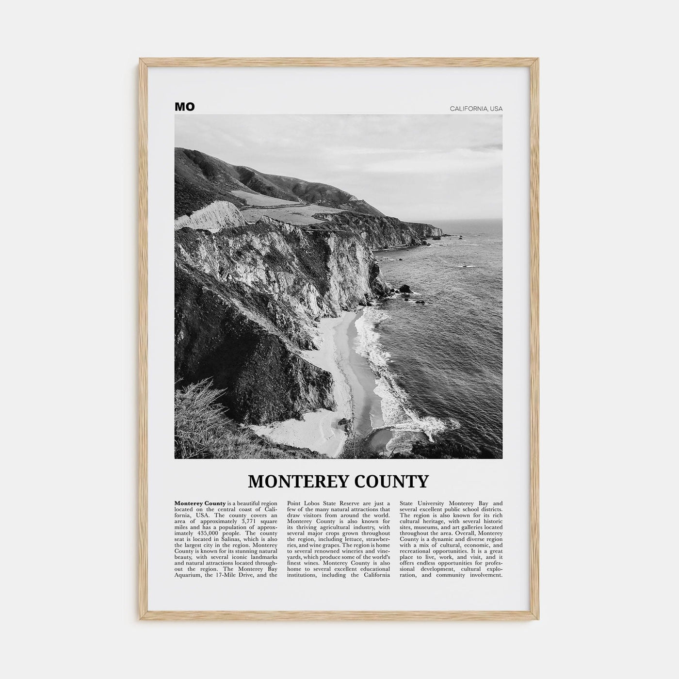 Monterey County Poster Natural Wood / 8x12 in Nbourhood Travel B&W Poster