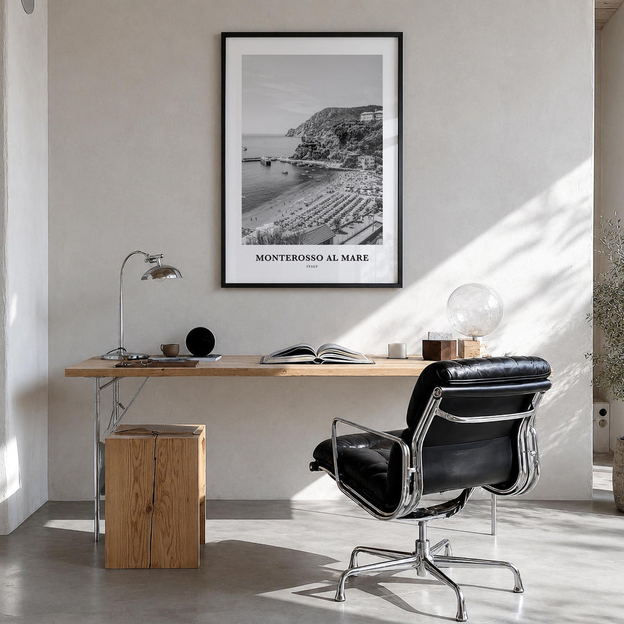 Monterosso al Mare black & white classic poster of Italy – vertical wall art in black wood frame, hanging on wall