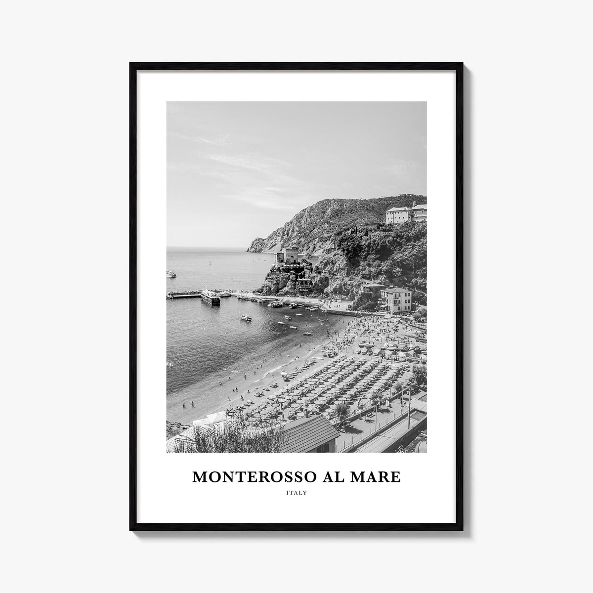 Monterosso al Mare black & white classic poster of Italy – vertical wall art, unframed print shown in interior mockup
